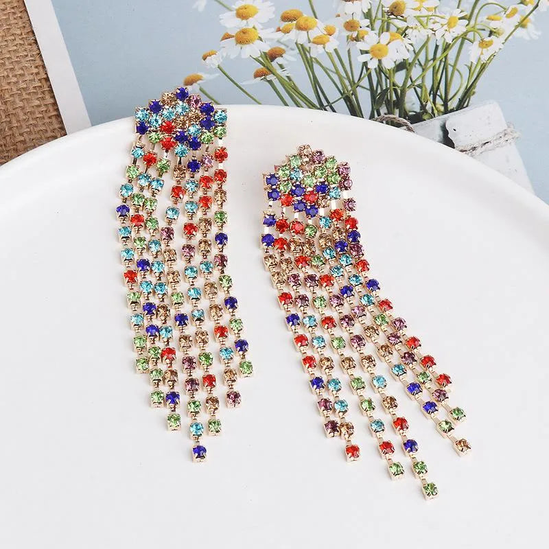 Ultra Flash Rhinestone Long Tassel Chain Earrings For Women