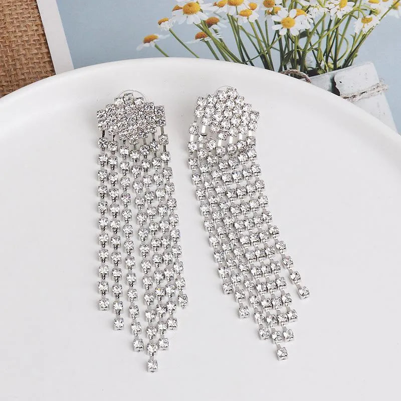 Ultra Flash Rhinestone Long Tassel Chain Earrings For Women