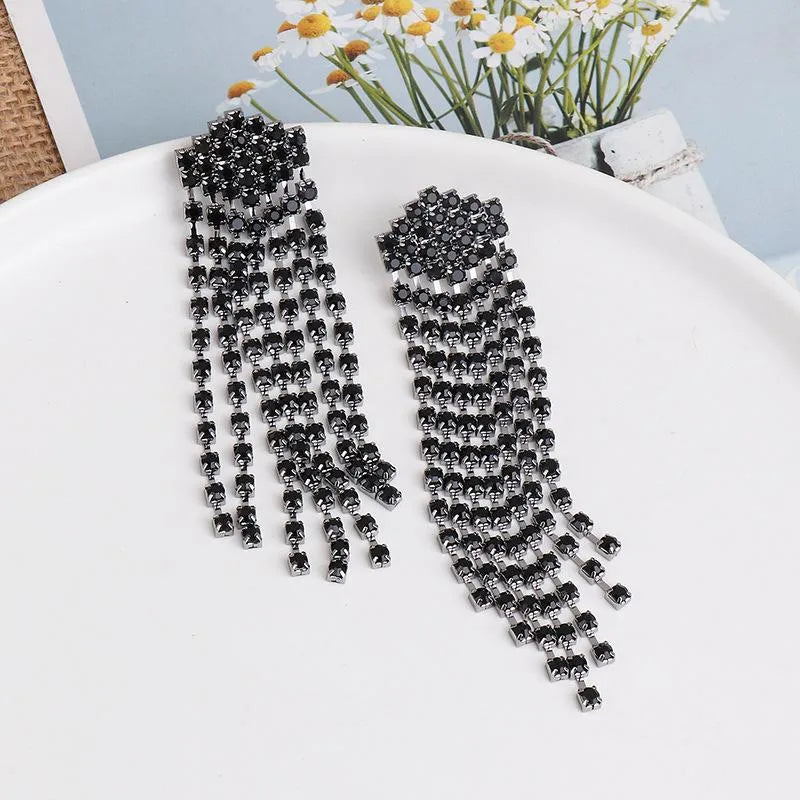 Ultra Flash Rhinestone Long Tassel Chain Earrings For Women