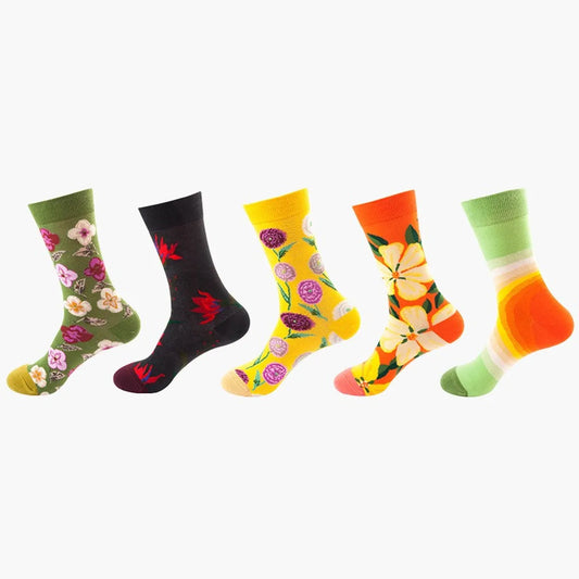 Unisex Basic Color Block Flower Cotton Jacquard Crew Socks A Pair