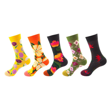 Unisex Basic Color Block Flower Cotton Jacquard Crew Socks A Pair