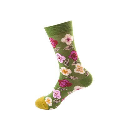 Unisex Basic Color Block Flower Cotton Jacquard Crew Socks A Pair