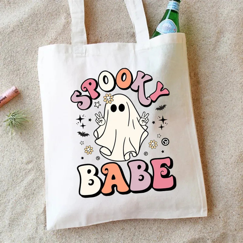 Unisex Canvas Letter Ghost Smiley Face Basic Classic Style Square Open Canvas Bag