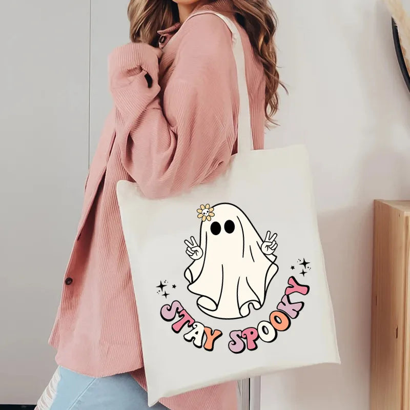 Unisex Canvas Letter Ghost Smiley Face Basic Classic Style Square Open Canvas Bag