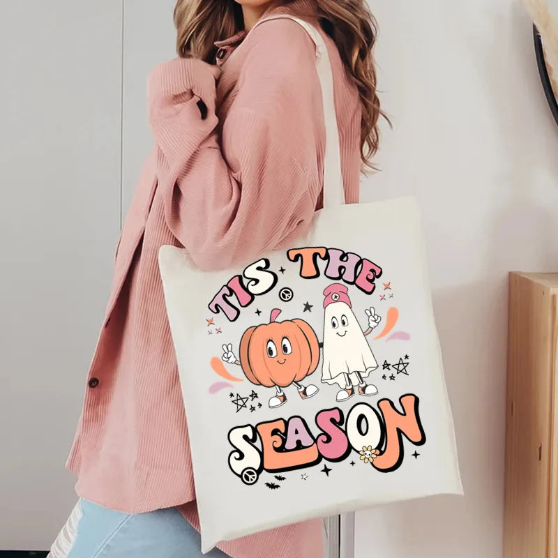 Unisex Canvas Letter Ghost Smiley Face Basic Classic Style Square Open Canvas Bag