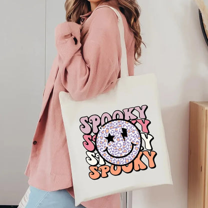 Unisex Canvas Letter Ghost Smiley Face Basic Classic Style Square Open Canvas Bag