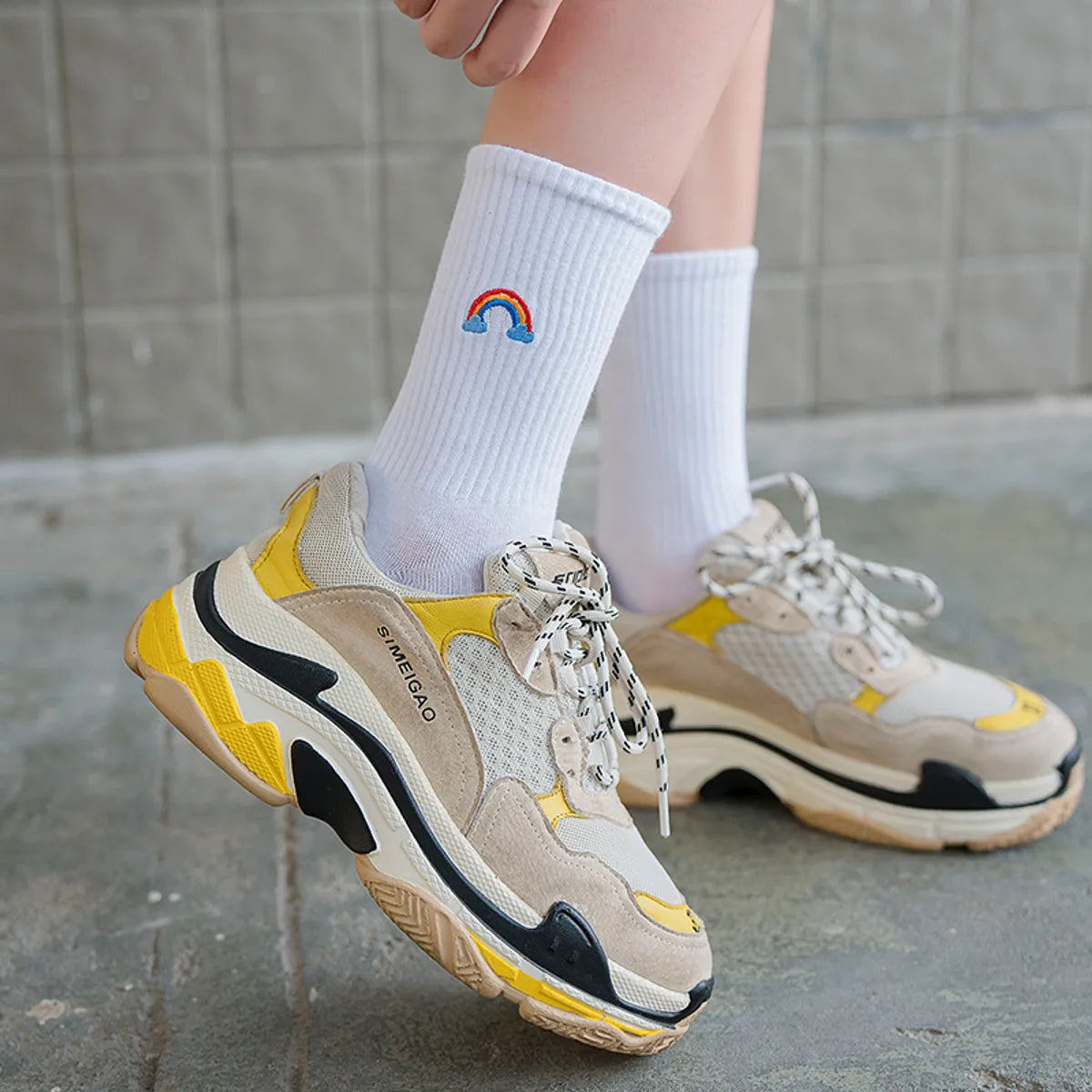 Unisex Casual Clouds Rainbow Solid Color Cotton Embroidery Crew Socks A Pair