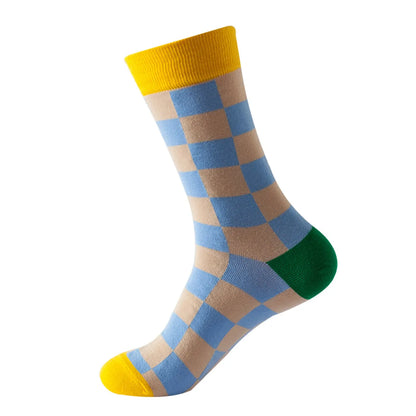 Unisex Casual Color Block Checkered Nylon Cotton Jacquard Crew Socks A Pair