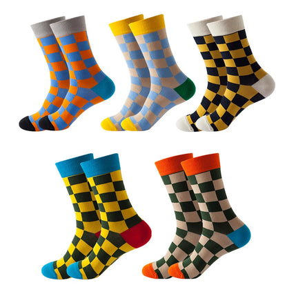 Unisex Casual Color Block Checkered Nylon Cotton Jacquard Crew Socks A Pair