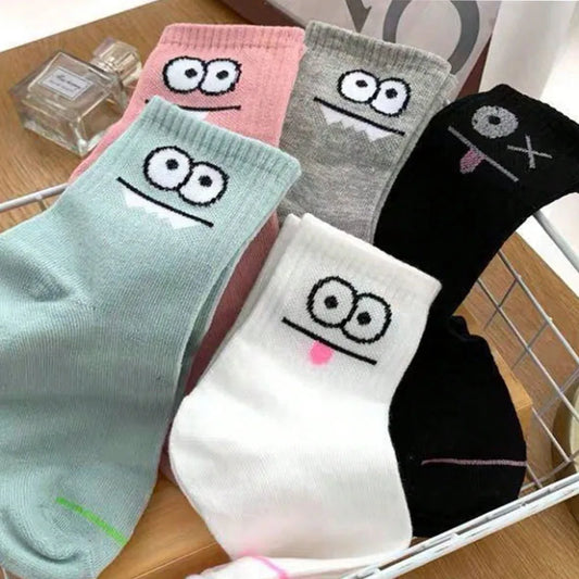 Unisex Cute Cartoon Eye Polyester Crew Socks 5 Pairs