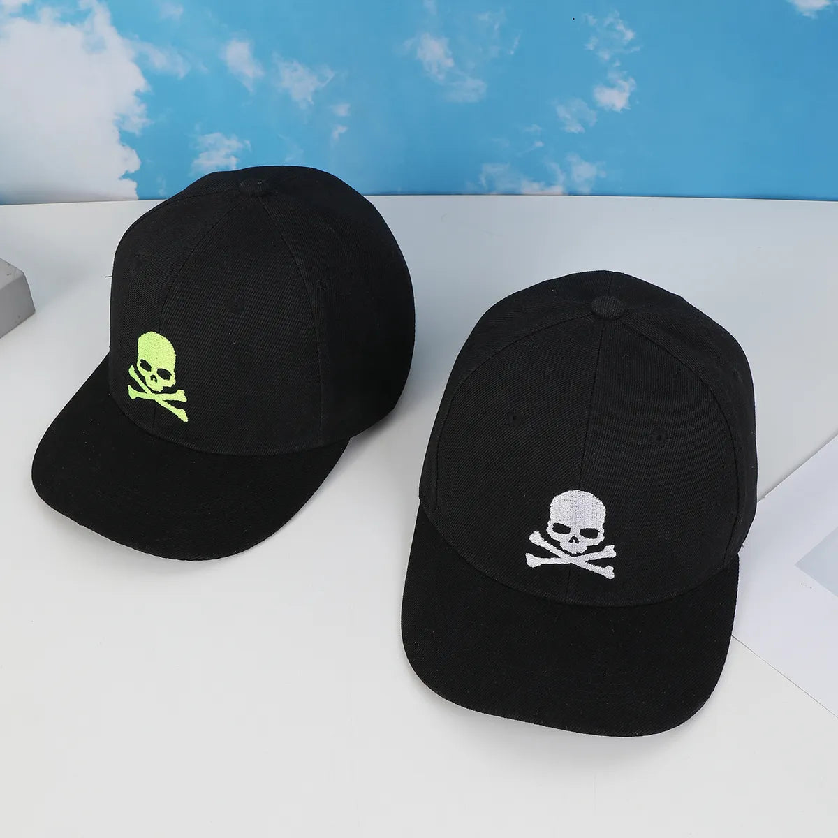 Unisex Embroidery Simple Style Streetwear Skull Embroidery Wide Eaves Flat Eaves Baseball Cap