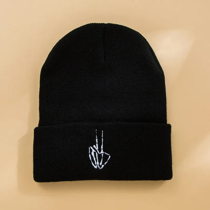 Unisex Fashion Hand Skull Embroidery Crimping Eaveless Wool Cap