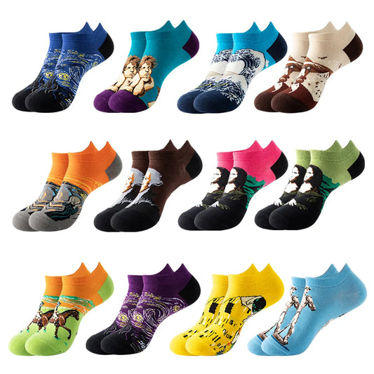 Unisex Retro Color Block Cotton Ankle Socks A Pair