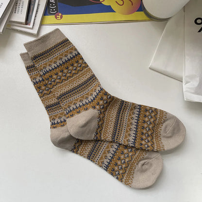 Unisex Retro Ethnic Style Geometric Cotton Crew Socks A Pair