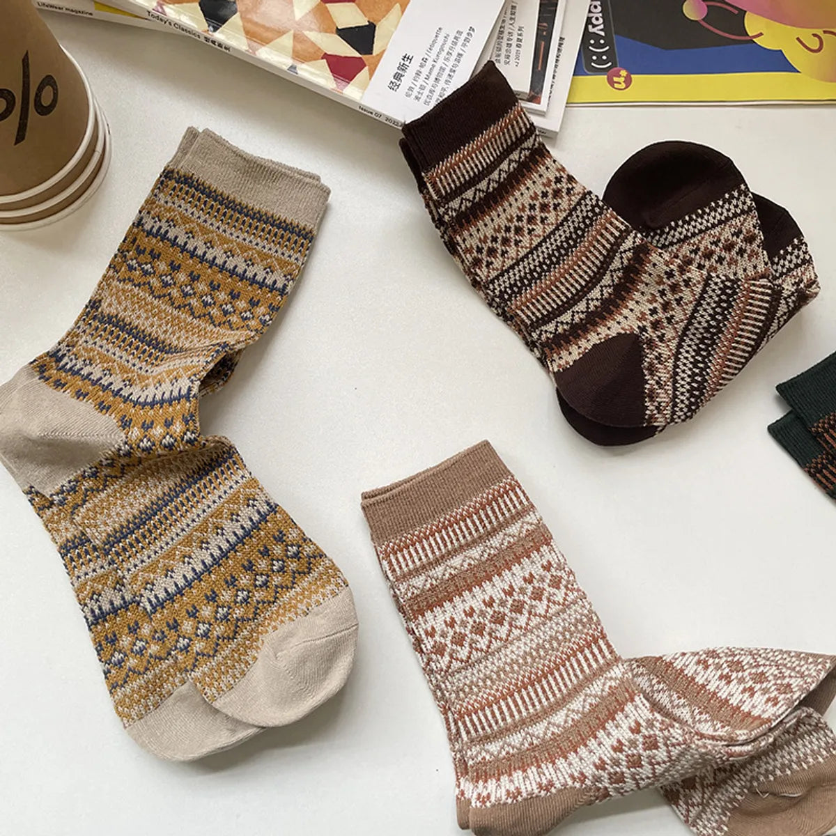 Unisex Retro Ethnic Style Geometric Cotton Crew Socks A Pair