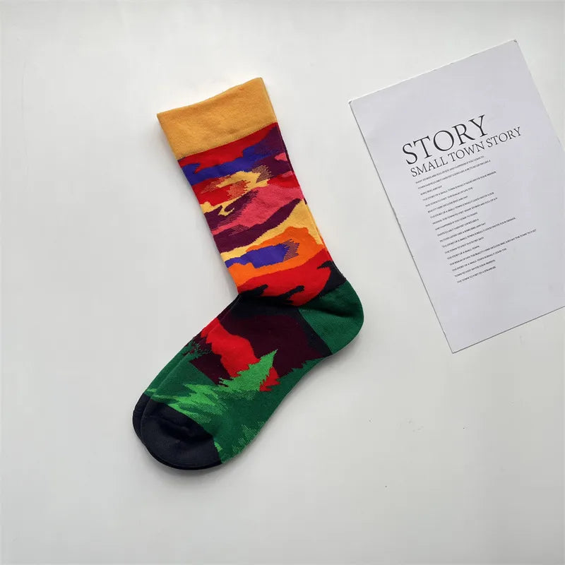 Unisex Retro French Style Oil Painting Cotton Crew Socks A Pair