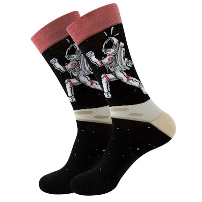 Unisex Retro Geometric Letter Astronaut Cotton Crew Socks A Pair