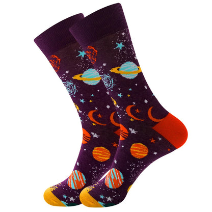 Unisex Retro Geometric Letter Astronaut Cotton Crew Socks A Pair