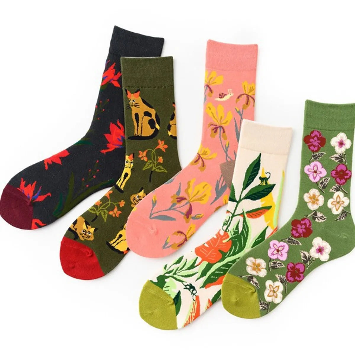 Unisex Simple Style Artistic Color Block Flower Cotton Crew Socks A Pair