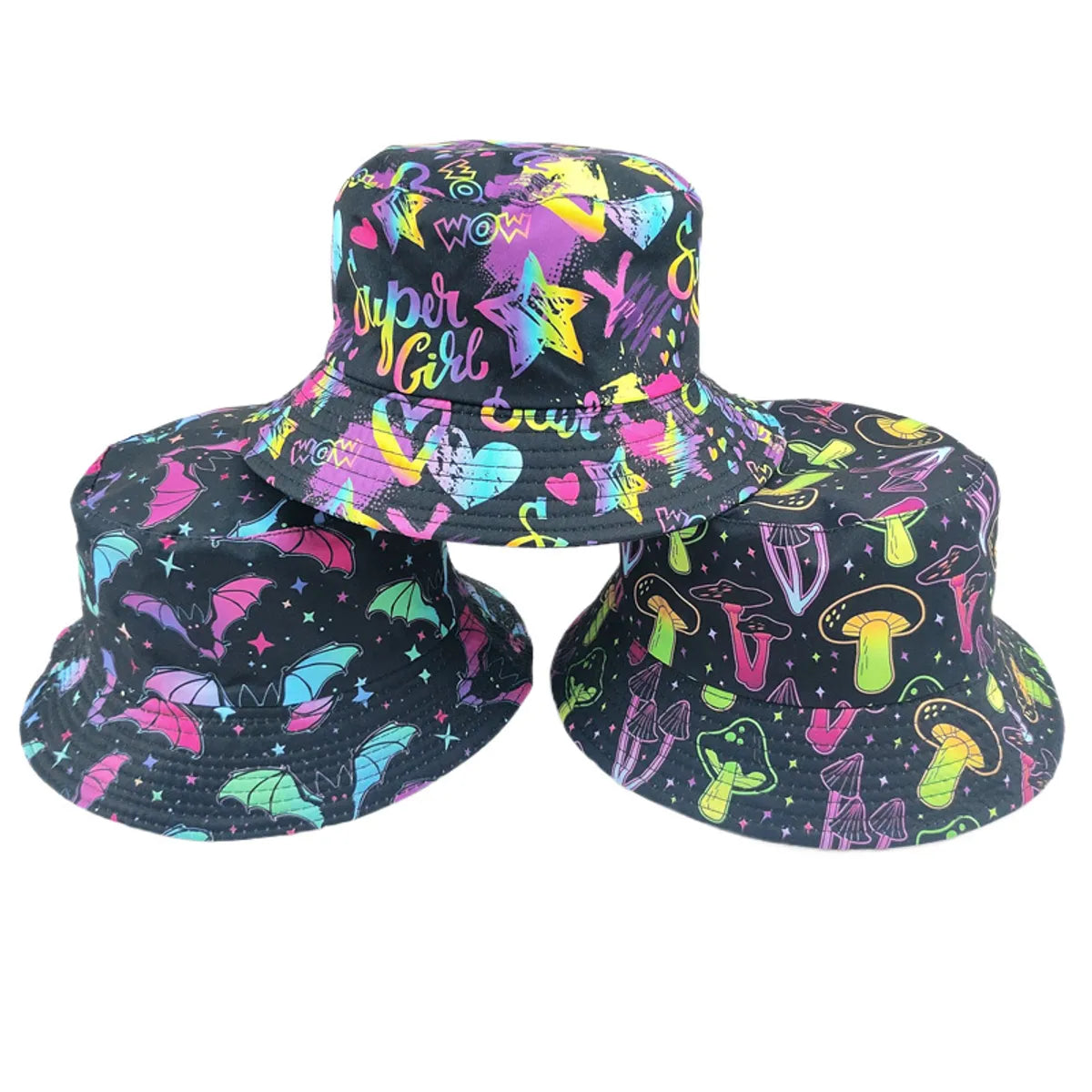 Unisex Streetwear Star Mushroom Bat Printing Flat Eaves Bucket Hat