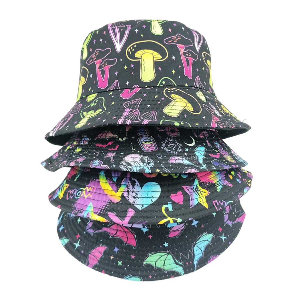 Unisex Streetwear Star Mushroom Bat Printing Flat Eaves Bucket Hat