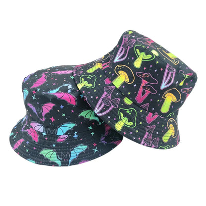 Unisex Streetwear Star Mushroom Bat Printing Flat Eaves Bucket Hat