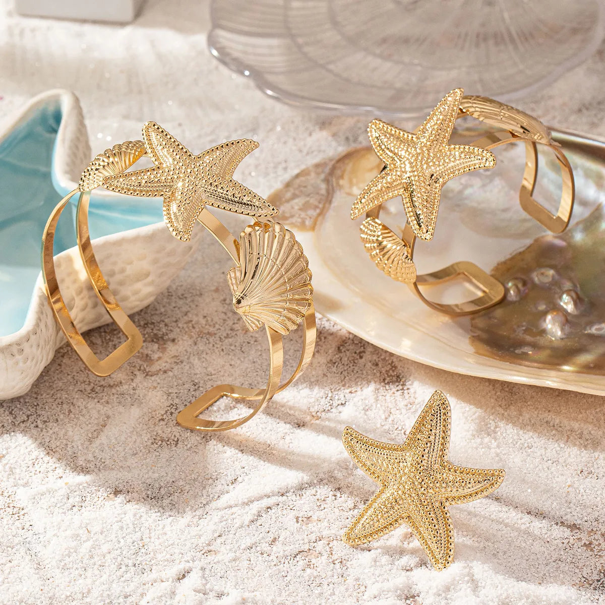 Vacation Beach Classic Style Starfish Ocean 14K Gold Plated Alloy Wholesale Rings Bracelets Jewelry Set