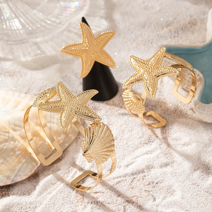 Vacation Beach Classic Style Starfish Ocean 14K Gold Plated Alloy Wholesale Rings Bracelets Jewelry Set