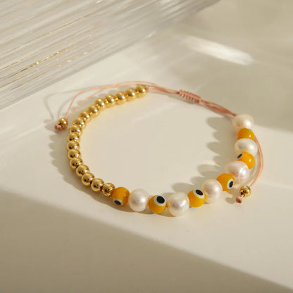 Vacation Beach Commute Devil'S Eye 18K Gold Plated Natural Pearl Polyester Copper Wholesale Drawstring Bracelets