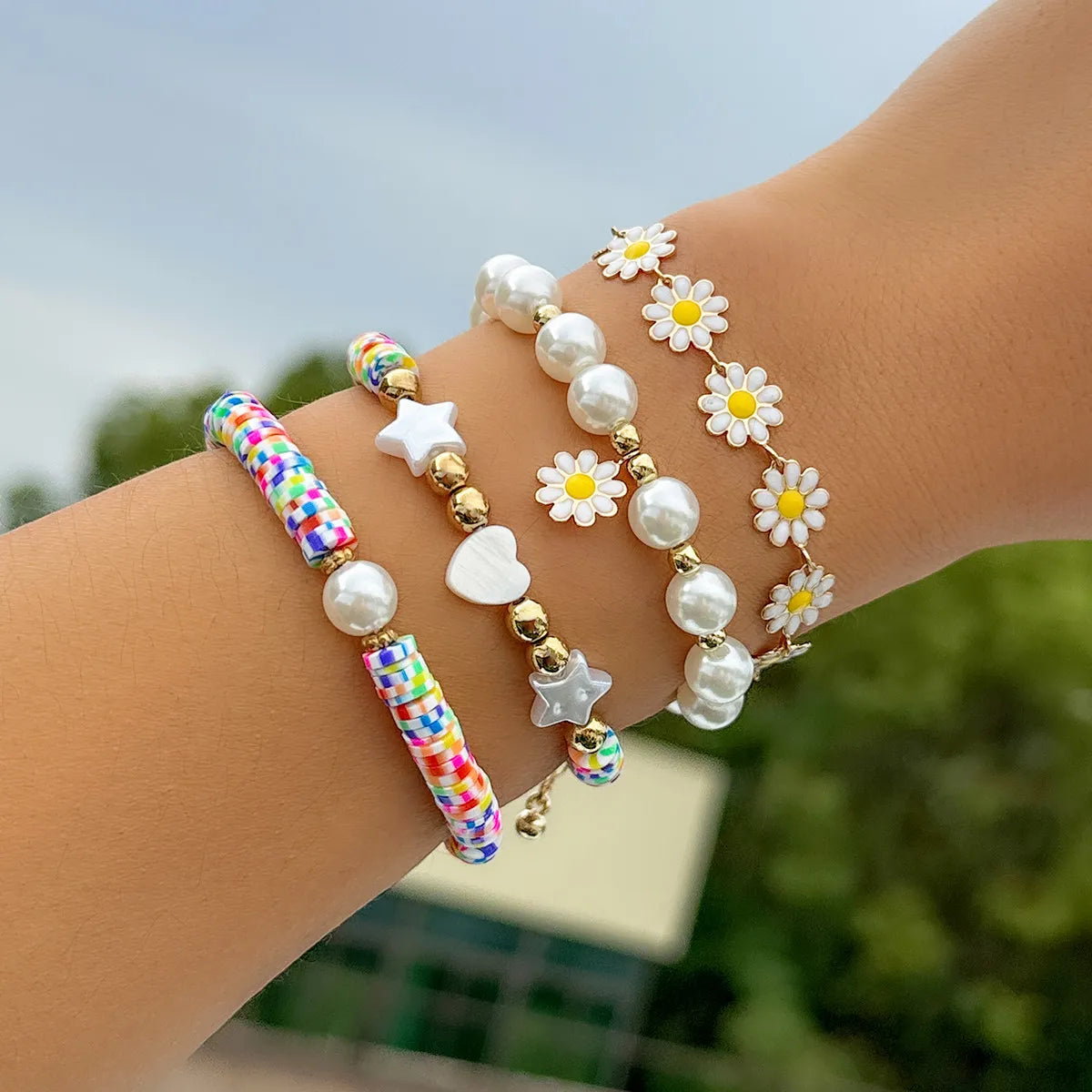 Vacation Beach Pastoral Star Heart Shape Flower Imitation Pearl Alloy Soft Clay Beaded Plating Women's Bracelets