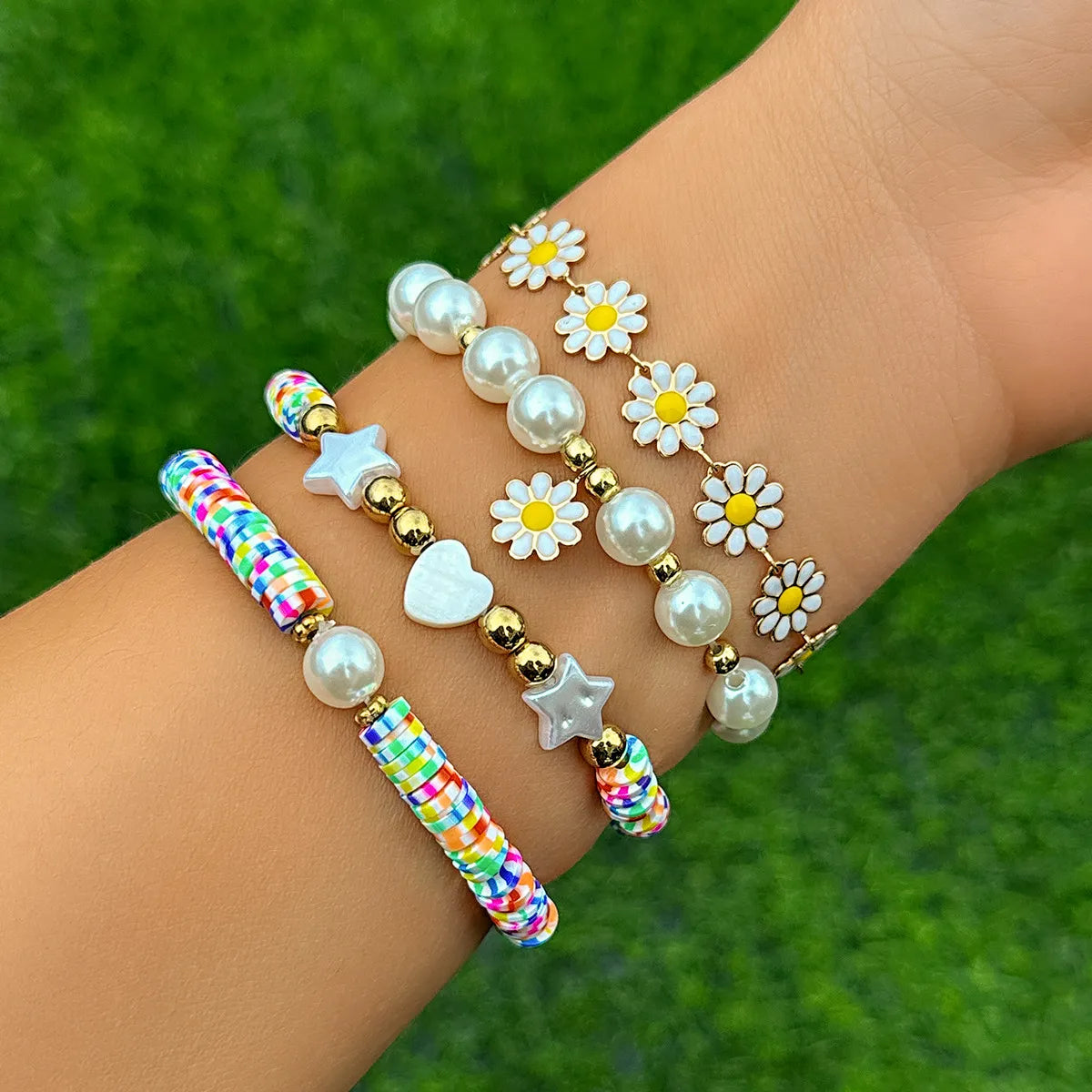 Vacation Beach Pastoral Star Heart Shape Flower Imitation Pearl Alloy Soft Clay Beaded Plating Women's Bracelets