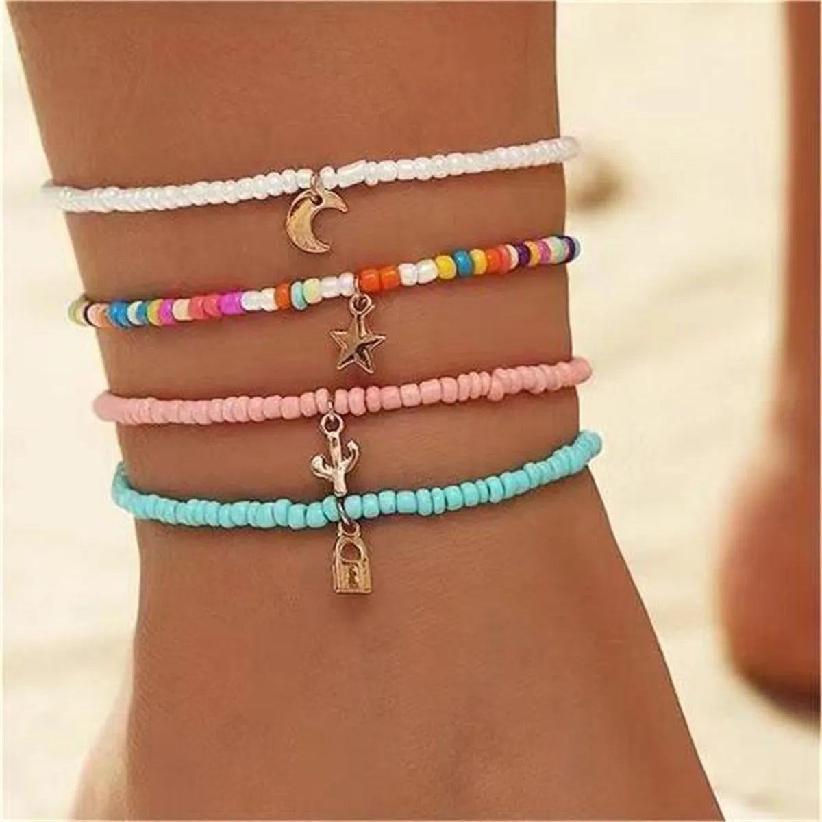 Vacation Beach Pastoral Star Moon Lock Synthetic Resin Alloy Wholesale Anklet