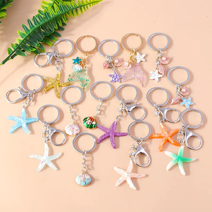 Vacation Beach Starfish Shell Alloy Plastic Bag Pendant Keychain