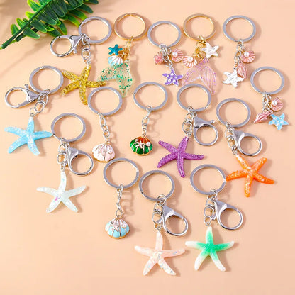 Vacation Beach Starfish Shell Alloy Plastic Bag Pendant Keychain