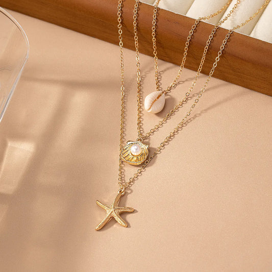 Vacation Beach Starfish Shell Alloy Shell Women's Three Layer Necklace