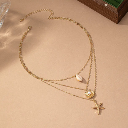 Vacation Beach Starfish Shell Alloy Shell Women's Three Layer Necklace