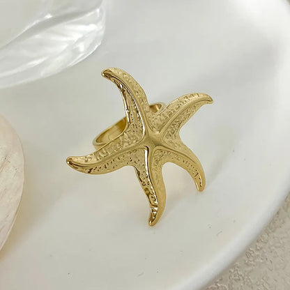 304 Stainless Steel 14K Gold Plated Vacation Beach Plating Starfish Open Rings