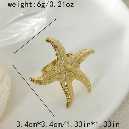 304 Stainless Steel 14K Gold Plated Vacation Beach Plating Starfish Open Rings