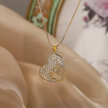 Vacation Beach Sweet Heart Shape Copper Plating Inlay Zircon 18k Gold Plated Pendant Necklace