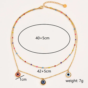 Vacation Bohemian Devil's Eye Stainless Steel Layered Plating 18k Gold Plated Double Layer Necklaces