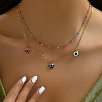 Vacation Bohemian Devil's Eye Stainless Steel Layered Plating 18k Gold Plated Double Layer Necklaces