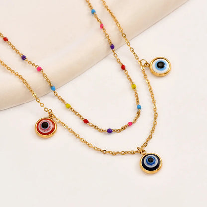 Vacation Bohemian Devil's Eye Stainless Steel Layered Plating 18k Gold Plated Double Layer Necklaces