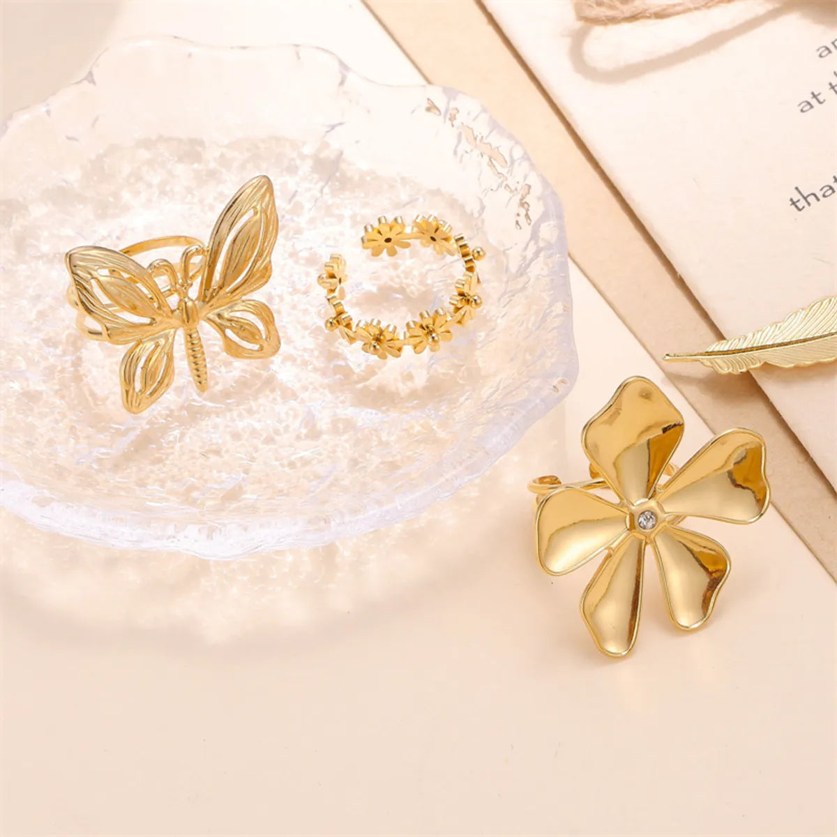 Vacation Butterfly Daisy Stainless Steel Plating 18k Gold Plated Open Rings