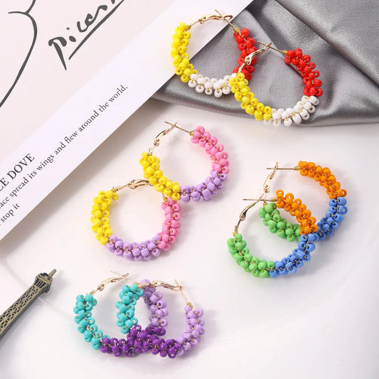 1 Pair Vacation Circle Beaded Braid Synthetic Resin Alloy Hoop Earrings