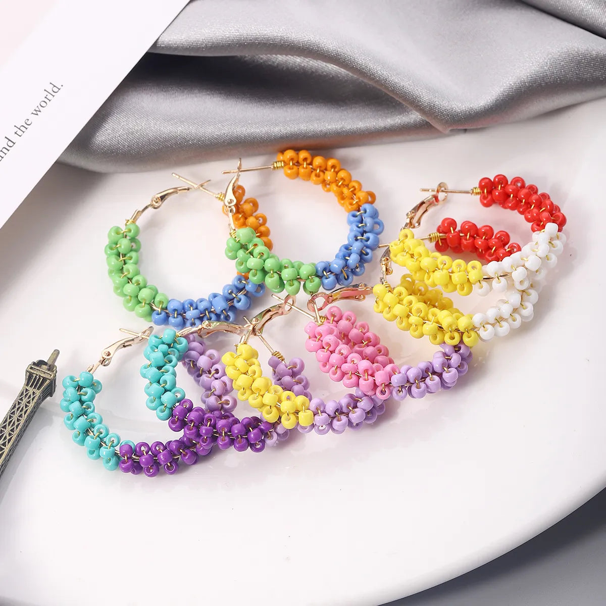 1 Pair Vacation Circle Beaded Braid Synthetic Resin Alloy Hoop Earrings