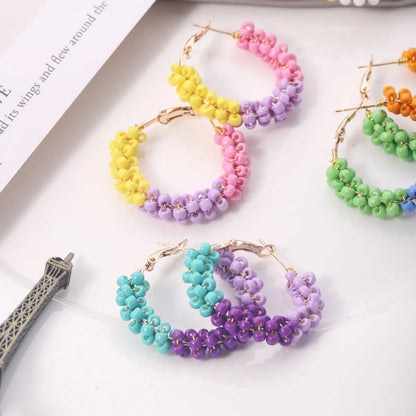 1 Pair Vacation Circle Beaded Braid Synthetic Resin Alloy Hoop Earrings