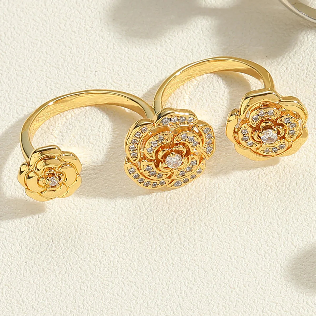 Vacation Classic Style Commute Solid Color Flower Copper 14k Gold Plated White Gold Plated Zircon Open Rings In Bulk