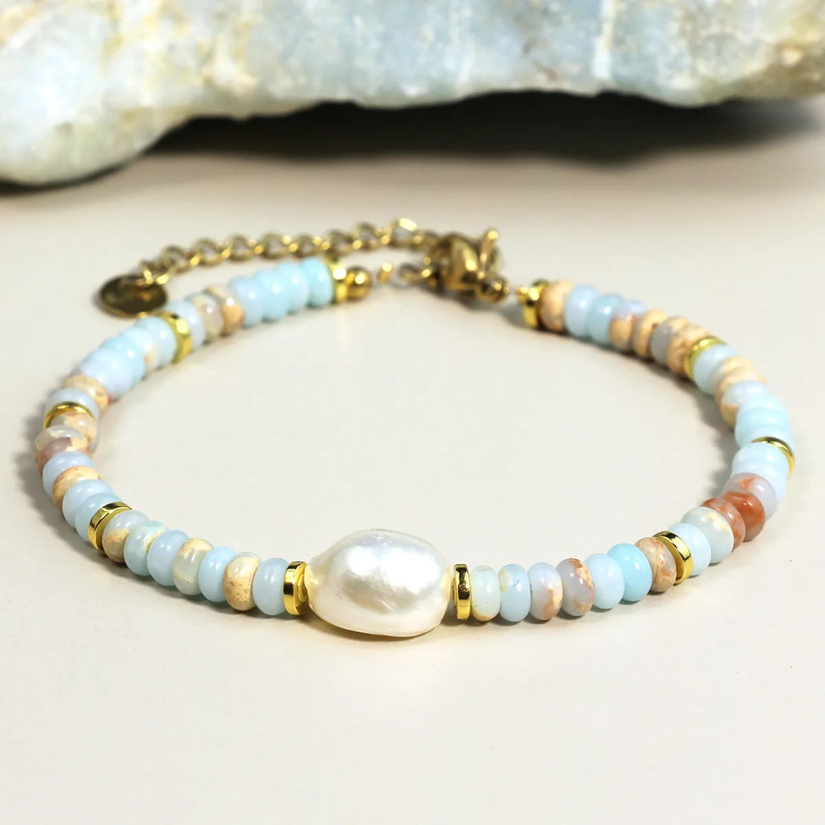 Vacation Color Block 316L Stainless Steel  Imperial Jasper Freshwater Pearl Wholesale Bracelets