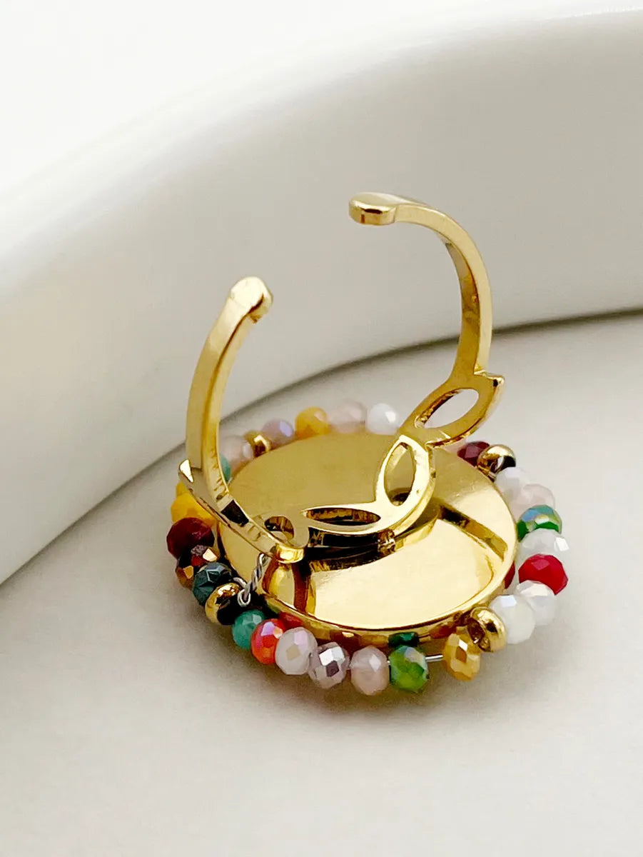 Vacation Colorful Oval Stainless Steel Beaded Gold Plated Open Ring In Bulk