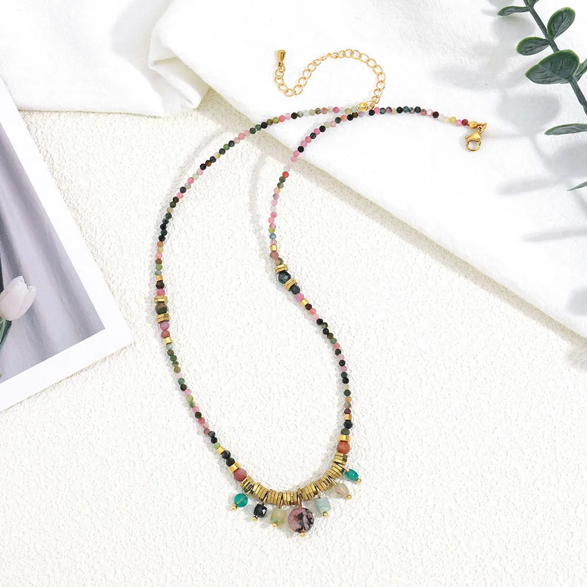 Vacation Colorful Stainless Steel Artificial Crystal Natural Stone Beaded Women's Necklace